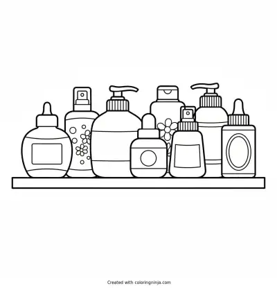 Row of cute skincare bottles on a bathroom shelf coloring page