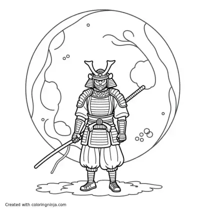 A coloring page of A Samurai in front of a blood moon