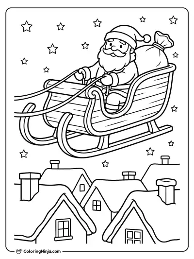 Santa Flying Over Rooftops Coloring Page