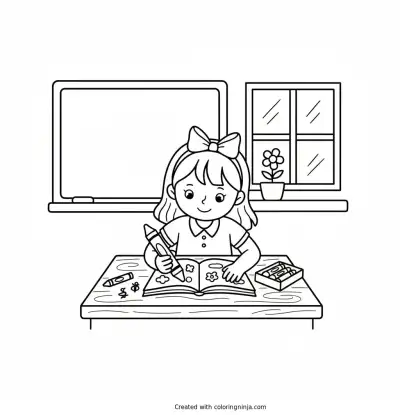 A coloring page of School girl sitting on his desk