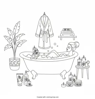 Self-care spa scene with skincare products and candles coloring page