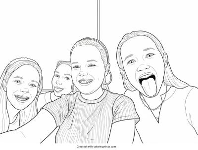A coloring page of Silly Girls Posing for a Selfie