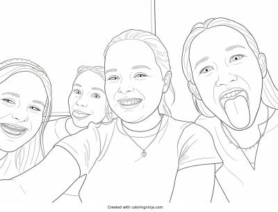 A coloring page of Silly Girls Posing for a Selfie
