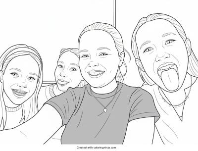 A coloring page of Silly Girls Smiling Together for a Selfie
