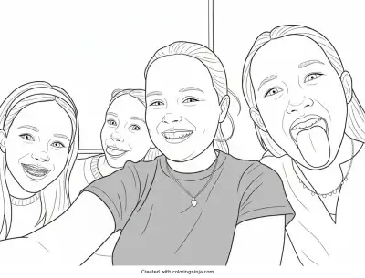 Silly Girls Smiling Together for a Selfie coloring page