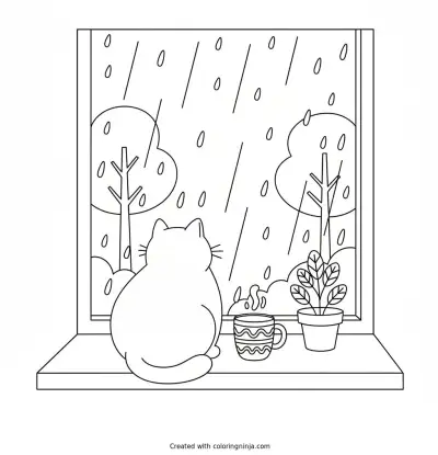 Cat Beside a Rainy Window Coloring Page