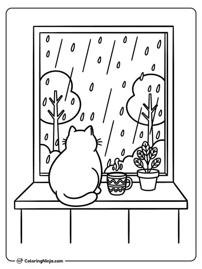 Cat Beside a Rainy Window Coloring Page