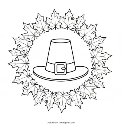 Pilgrim Hat Leaf Wreath Coloring Page