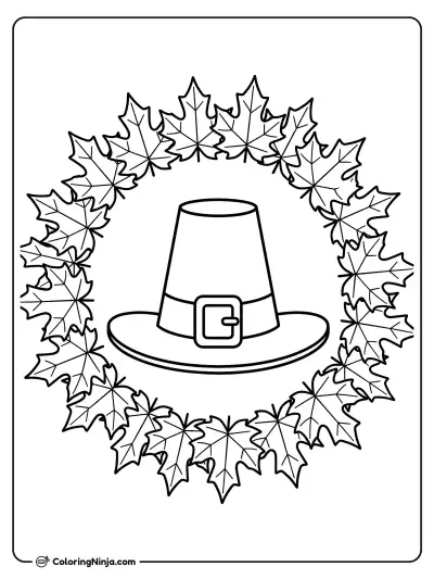 Pilgrim Hat Leaf Wreath Coloring Page