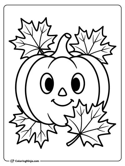 Simple Pumpkin and Fall Leaves Coloring Page