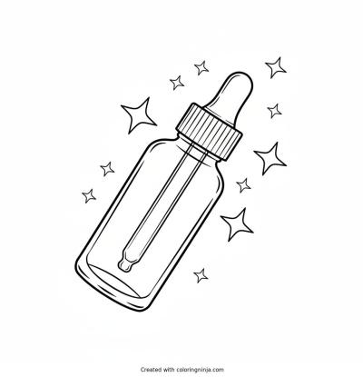 A coloring page of Skincare serum dropper bottle with sparkles