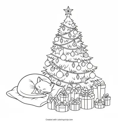 Cat Beside the Christmas Tree Coloring Page