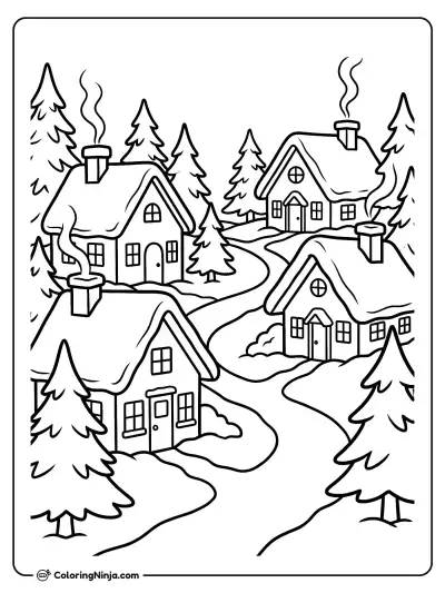 Snowy Christmas Village Coloring Page