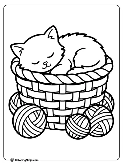 Gatito acurrucado en su cesta de lana