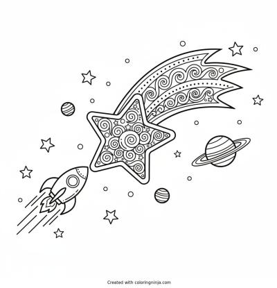 A coloring page of A small rocket flying through space past a large, detailed shooting star.