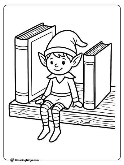 Elf Sitting on a Bookshelf Coloring Page