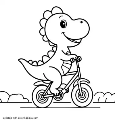 A coloring page of Smiling dinosaur riding bike, line art, for children