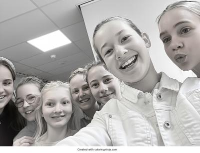 A coloring page of Smiling Girls in a Selfie Group Photo