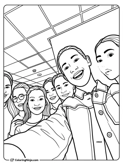 Smiling Girls in a Selfie Group Photo Coloring Page