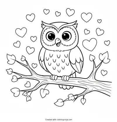 Wise Owl with Heart Leaves Coloring Page