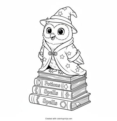 A coloring page of A smiling owl wearing a small wizard robe perches on a pile of books.