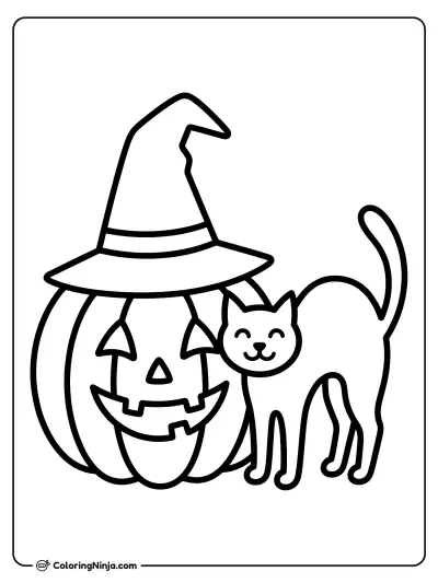 The Friendly Pumpkin and Cat Coloring Page