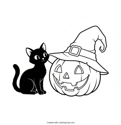 Friendly Pumpkin and Black Cat Coloring Page