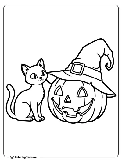 Friendly Pumpkin and Black Cat Coloring Page