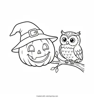 The Friendly Owl and Pumpkin Coloring Page