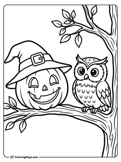 The Friendly Owl and Pumpkin Coloring Page