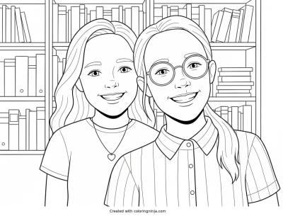 A coloring page of Smiling School Girls Posing for a Photo