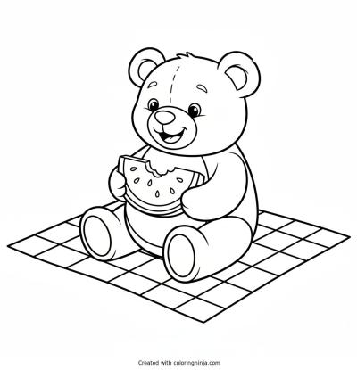 A coloring page of A smiling teddy bear sitting on a checkered blanket eating a watermelon slice.