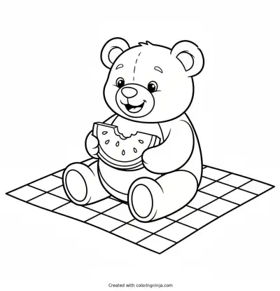 Teddy Bear Watermelon Picnic Coloring Page