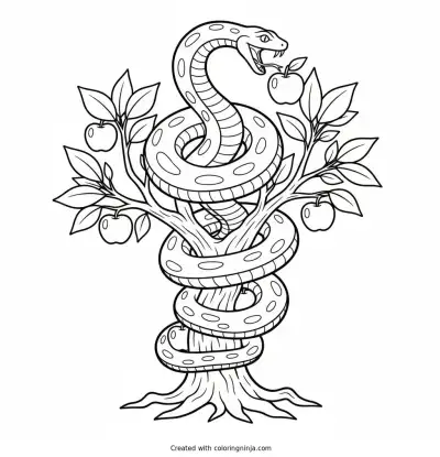 Snake Typhoon Climbing a Tree and Catching Apples Coloring Page