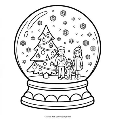 A coloring page of Snow Globe with Christmas Tree, People, and Snowflakes