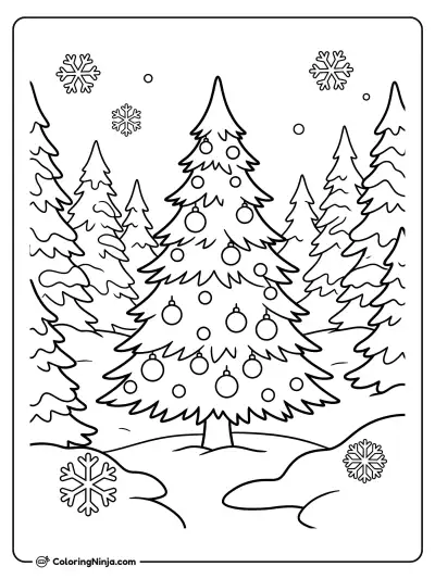 Snowy Forest Pine Tree Coloring Page