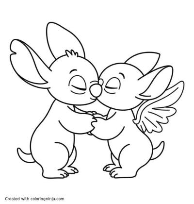 A coloring page of Stitch and angel kissing each other