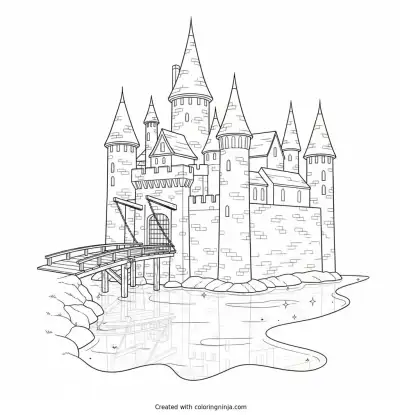 Grand Castle by the Water Coloring Page