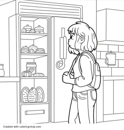A coloring page of  A stoner teenage girl staring at a fridge full of snacks, drooling.