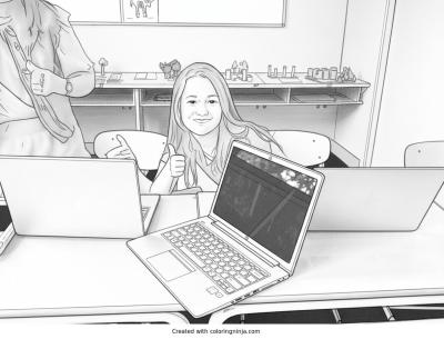 A coloring page of Student at a Desk with Laptops