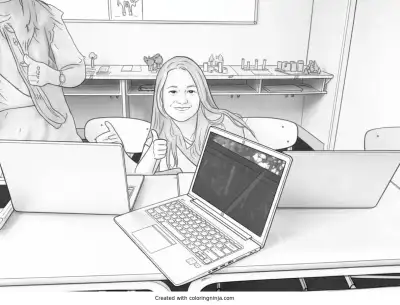 A coloring page of Student at a Desk with Laptops