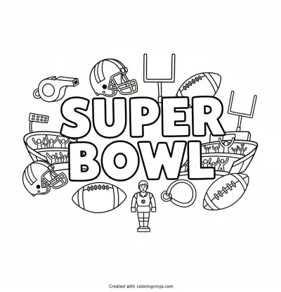 A coloring page of Super Bowl in big blocky letters with football things all around coloring page