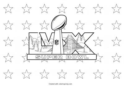 A coloring page of Super Bowl LX Trophy and San Francisco Landmarks
