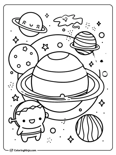 Cute Solar System Adventure with Smiling Ringed Planets Coloring Page