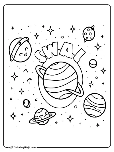Cute Solar System Adventure with Swirling Planets Coloring Page