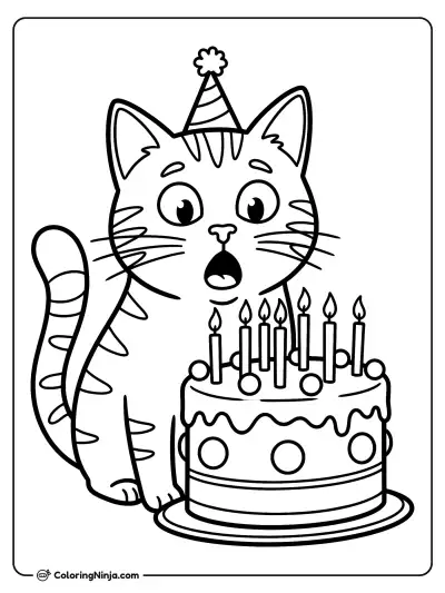 The Surprised Birthday Cat Coloring Page