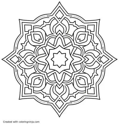 A coloring page of Symmetric Islamic geometric pattern of interlacing stars and polygons, clean line art, printable.