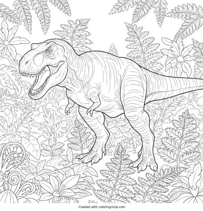 T-Rex Exploring A Dense Fern Jungle Coloring Page