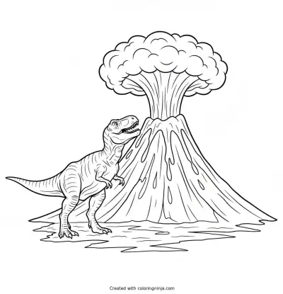 T-rex Standing Beside a Large Smoking Volcano Coloring Page