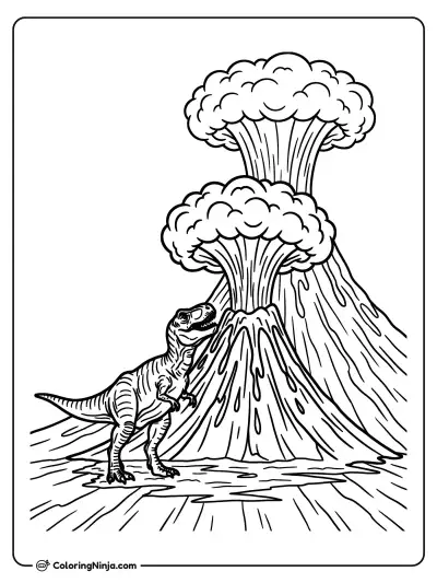 T-rex Standing Beside a Large Smoking Volcano Coloring Page